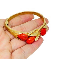 Vintage gold tone dangle faux glass red coral designer bangle bracelet