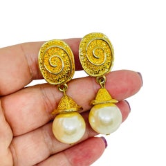 Vintage gold tone dangle faux pearl 80's designer clip on earrings