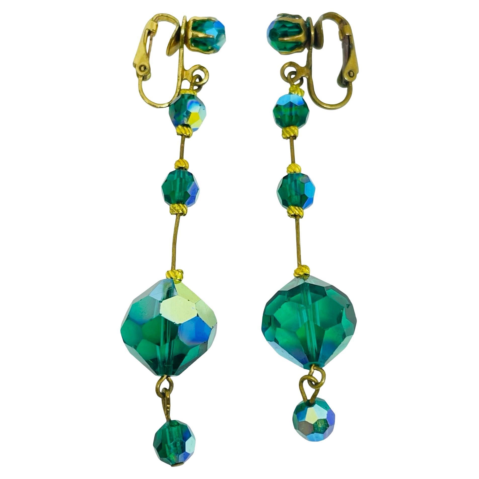 Vintage gold tone dangle green aurora crystals designer clip on earrings For Sale