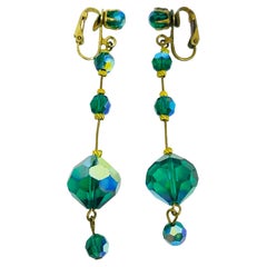 Vintage gold tone dangle green aurora crystals designer clip on earrings