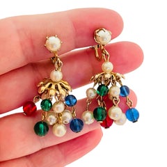 Vintage gold tone dangle jewel glass beads designer clip on earrings
