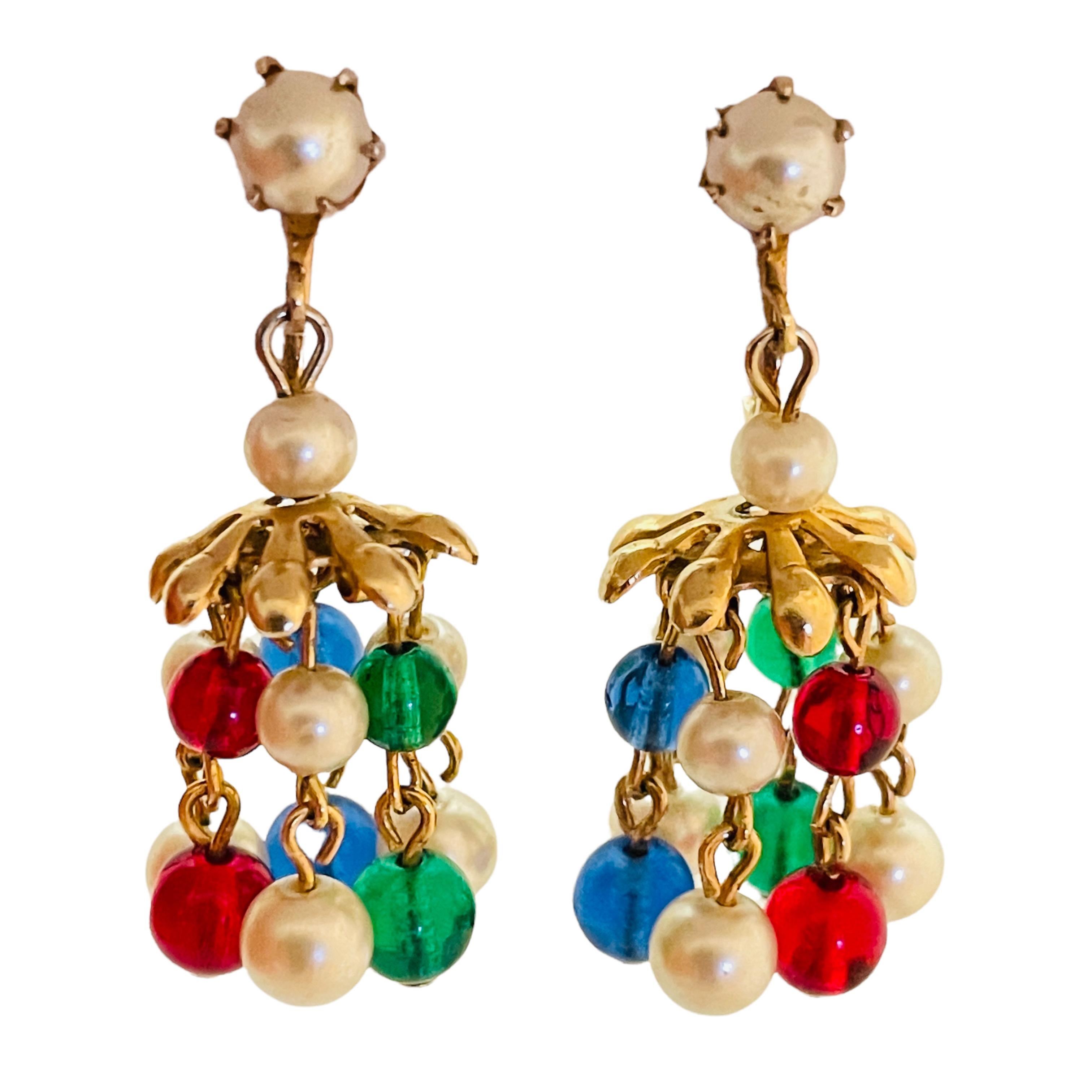 Vintage Gold Ton baumeln Juwel Glasperlen Designer Clip auf Ohrringe im Angebot 1