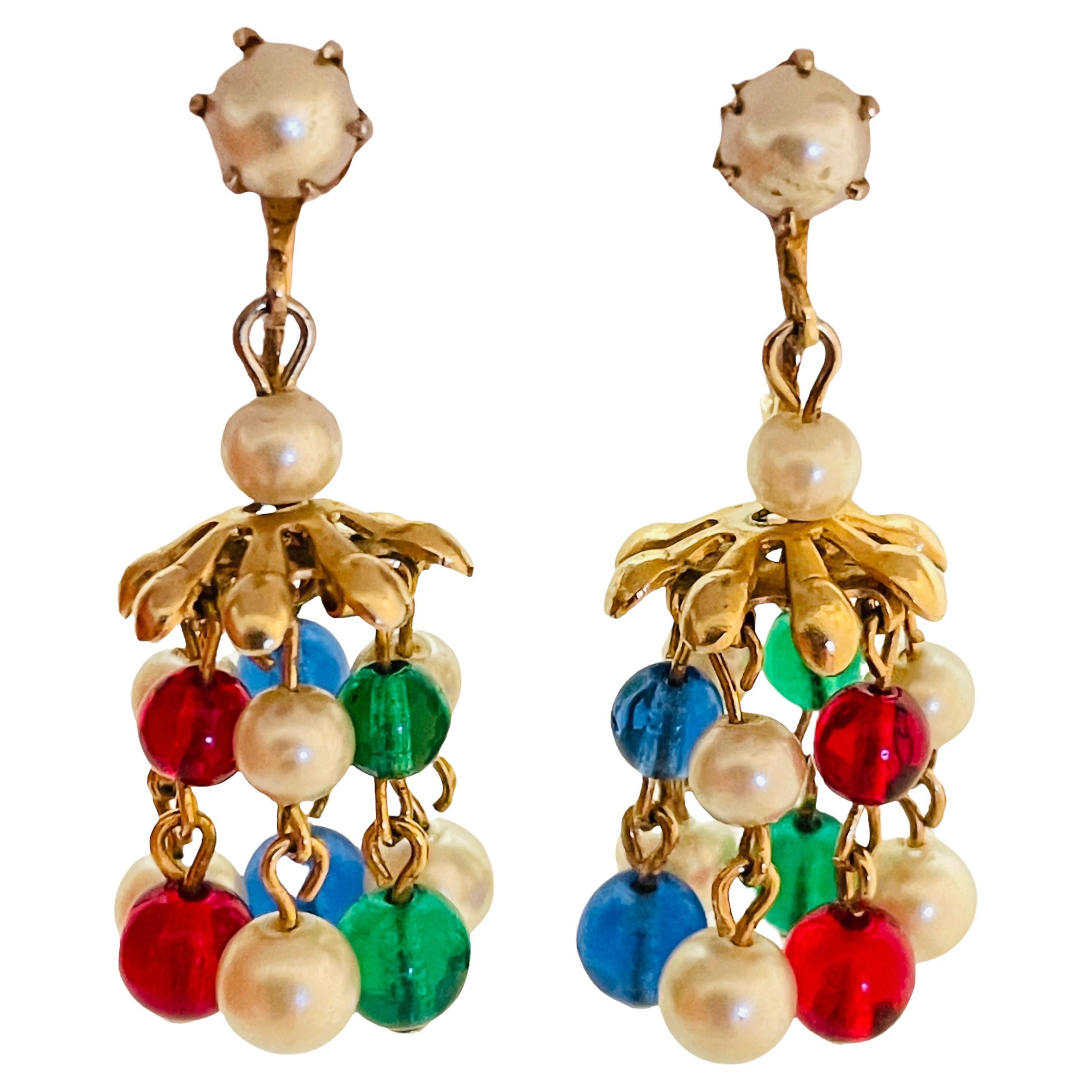 Orecchini pendenti in oro vintage con perle di vetro di design e clip