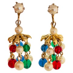 Vintage gold tone dangle jewel glass beads designer clip on earrings