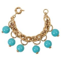 Vintage Gold Tone Dangling Faux Turquoise Bracelet Circa 1980s