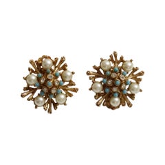 Vintage Gold Tone Clip-On Earrings with Faux Pearl, Diamante & Faux Turquoise