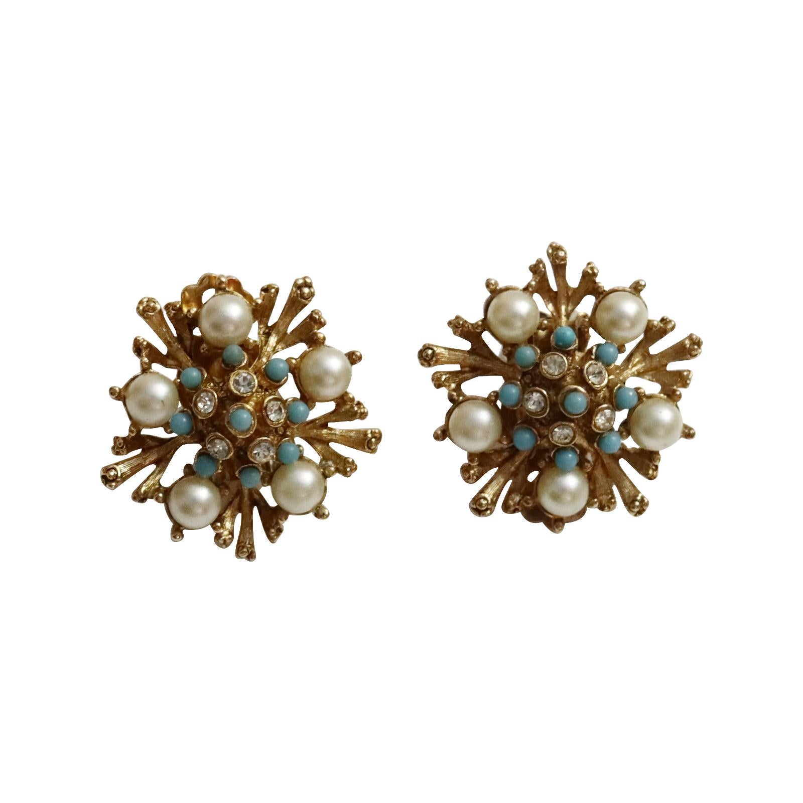 Modern Vintage Gold  Tone Diamante and Faux Turquoise Earrings Circa 1960s For Sale