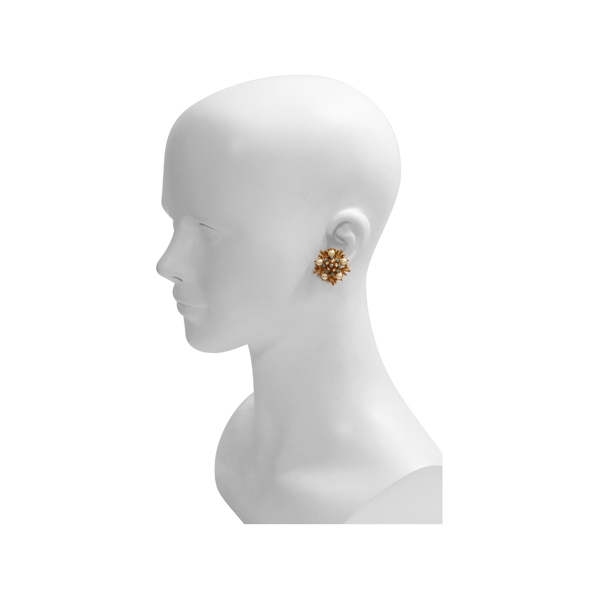 Femenino o masculino Oro vintage  Pendientes de diamantes y falsa turquesa Circa años 60 en venta