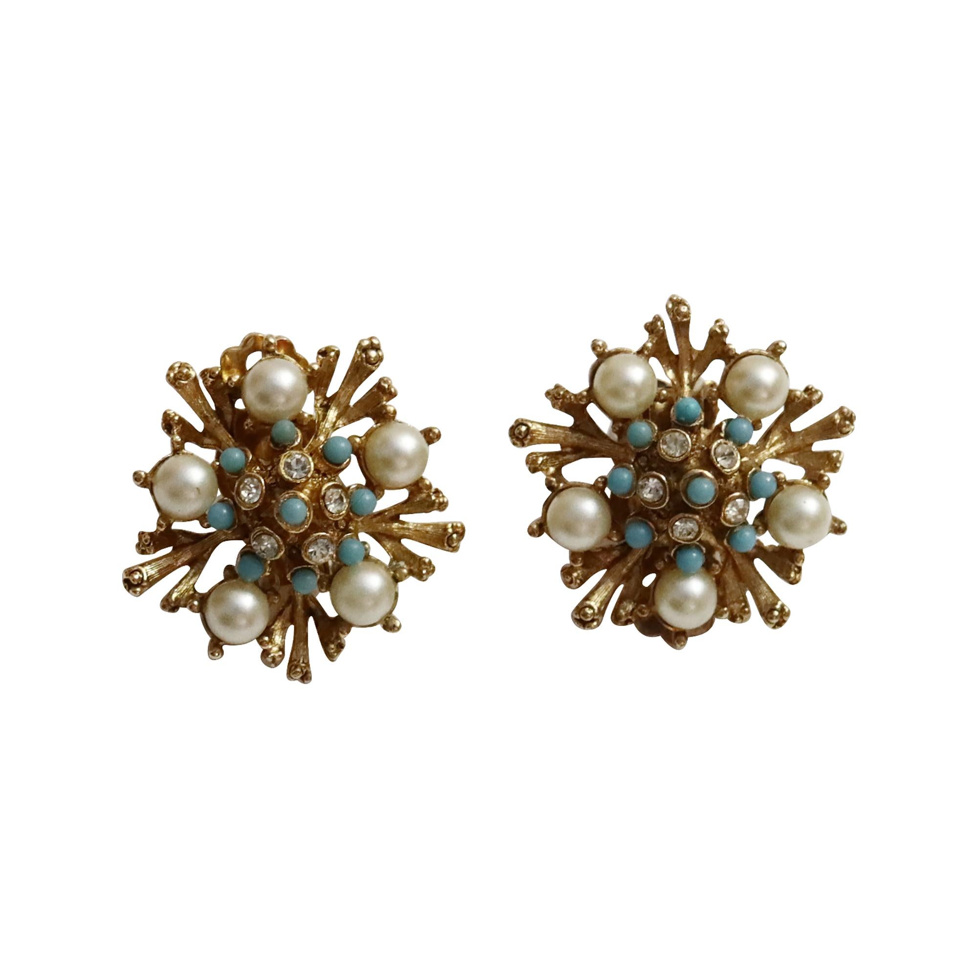 Oro vintage  Pendientes de diamantes y falsa turquesa Circa años 60 en venta 1