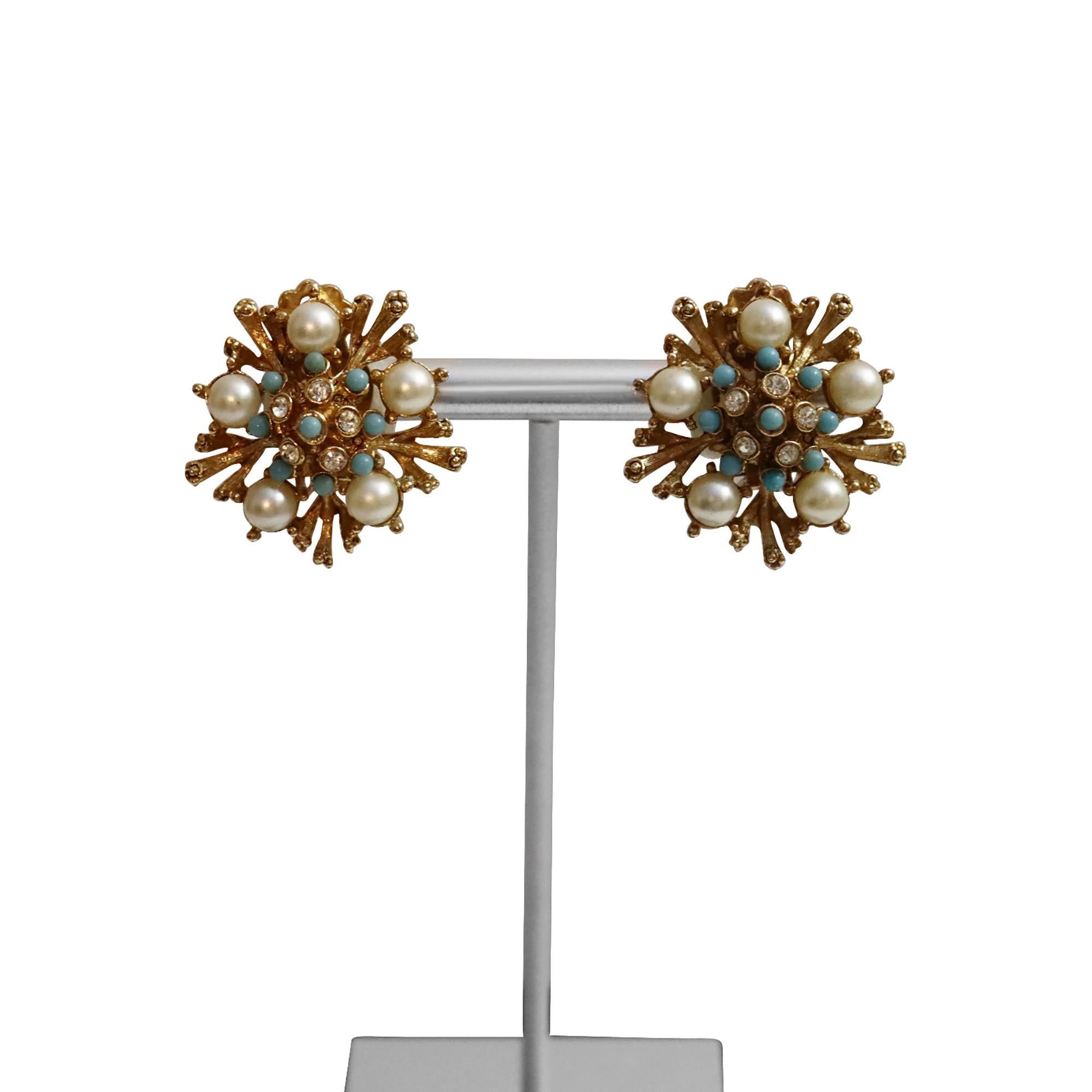 Oro vintage  Pendientes de diamantes y falsa turquesa Circa años 60 en venta 3