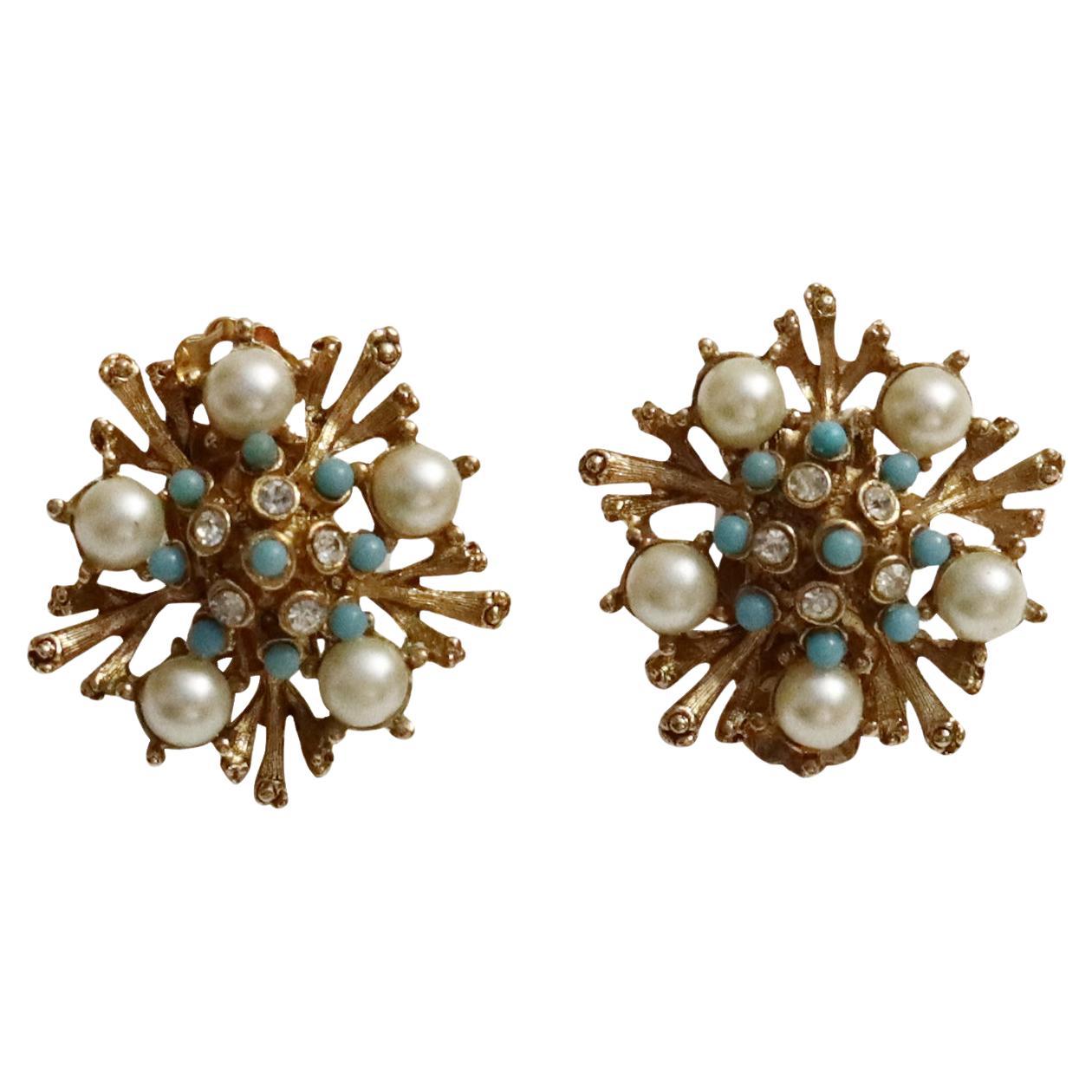 Vintage Gold  Tone Diamante and Faux Turquoise Earrings Circa 1960s For Sale