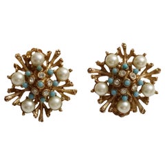 Vintage Gold  Tone Diamante and Faux Turquoise Earrings Circa 1960s