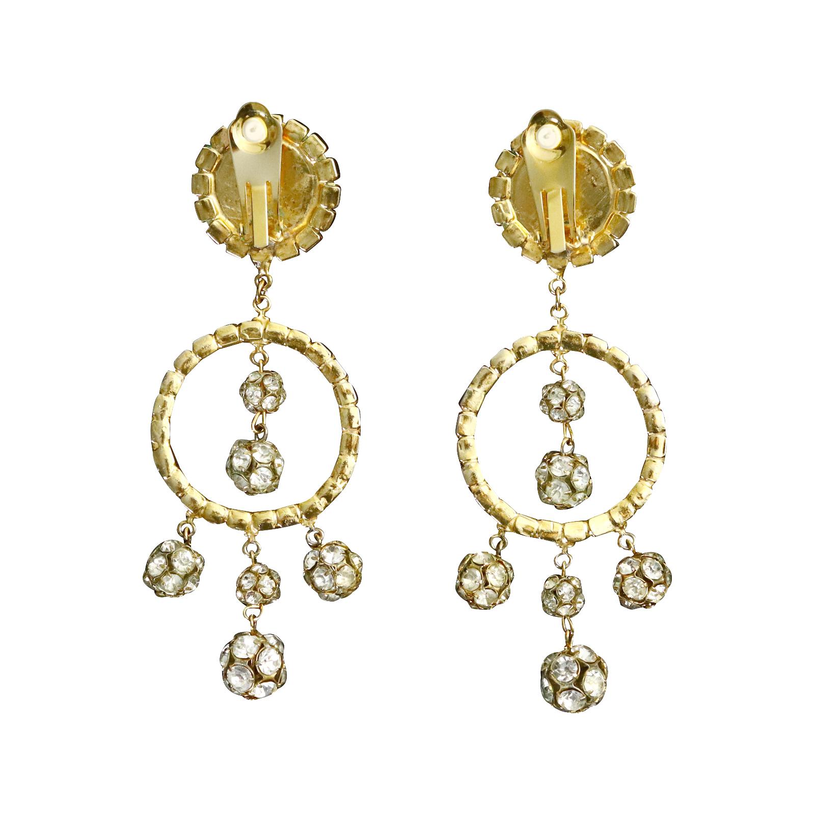 Modern Vintage Gold Tone Diamante Long Dangling Earrings with Rondelles, Circa 1960s For Sale