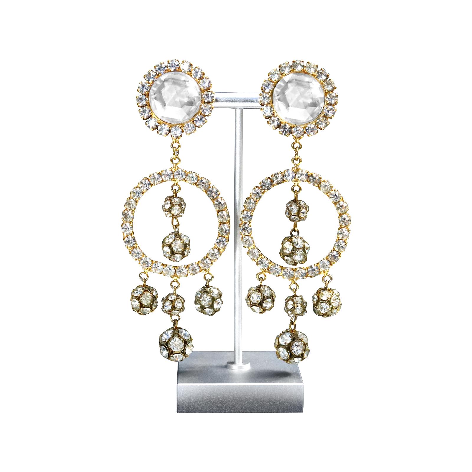 Vintage Gold Tone Diamante Long Dangling Earrings with Rondelles, Circa 1960s For Sale 1