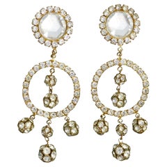 Vintage Gold Tone Diamante Long Dangling Earrings with Rondelles, Circa 1960s