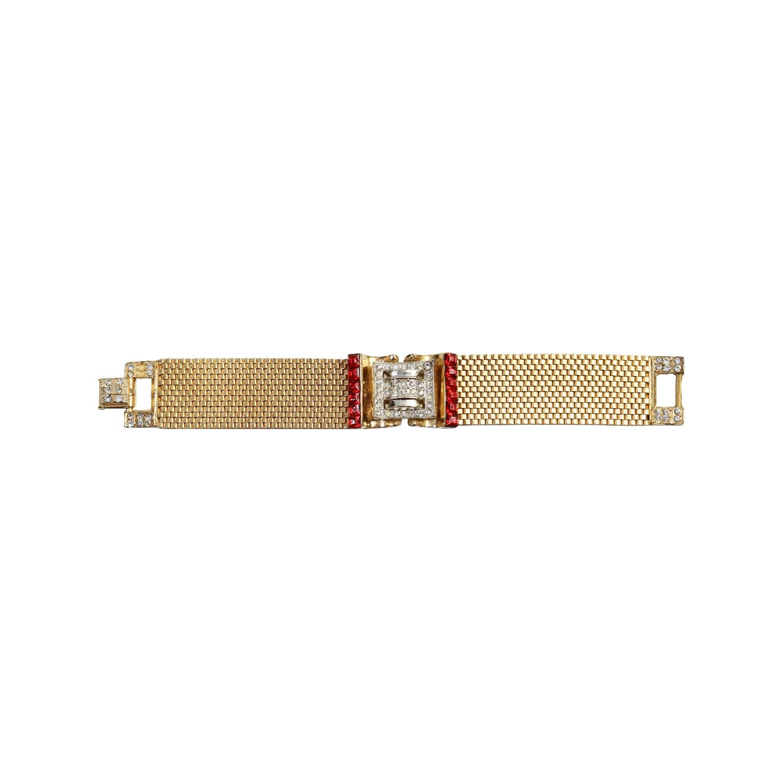 Vintage Gold Tone Diamante Red Buckle Bracelet Circa 1940s For Sale 1