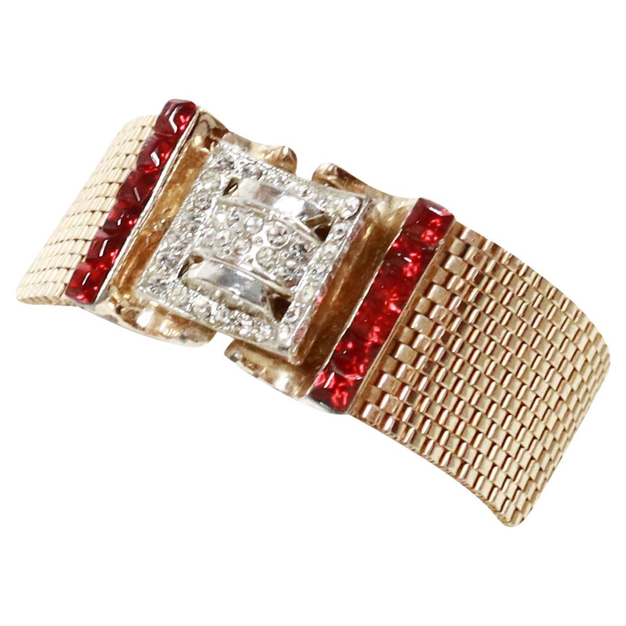 Vintage Gold Tone Diamante Red Buckle Bracelet Circa 1940s For Sale