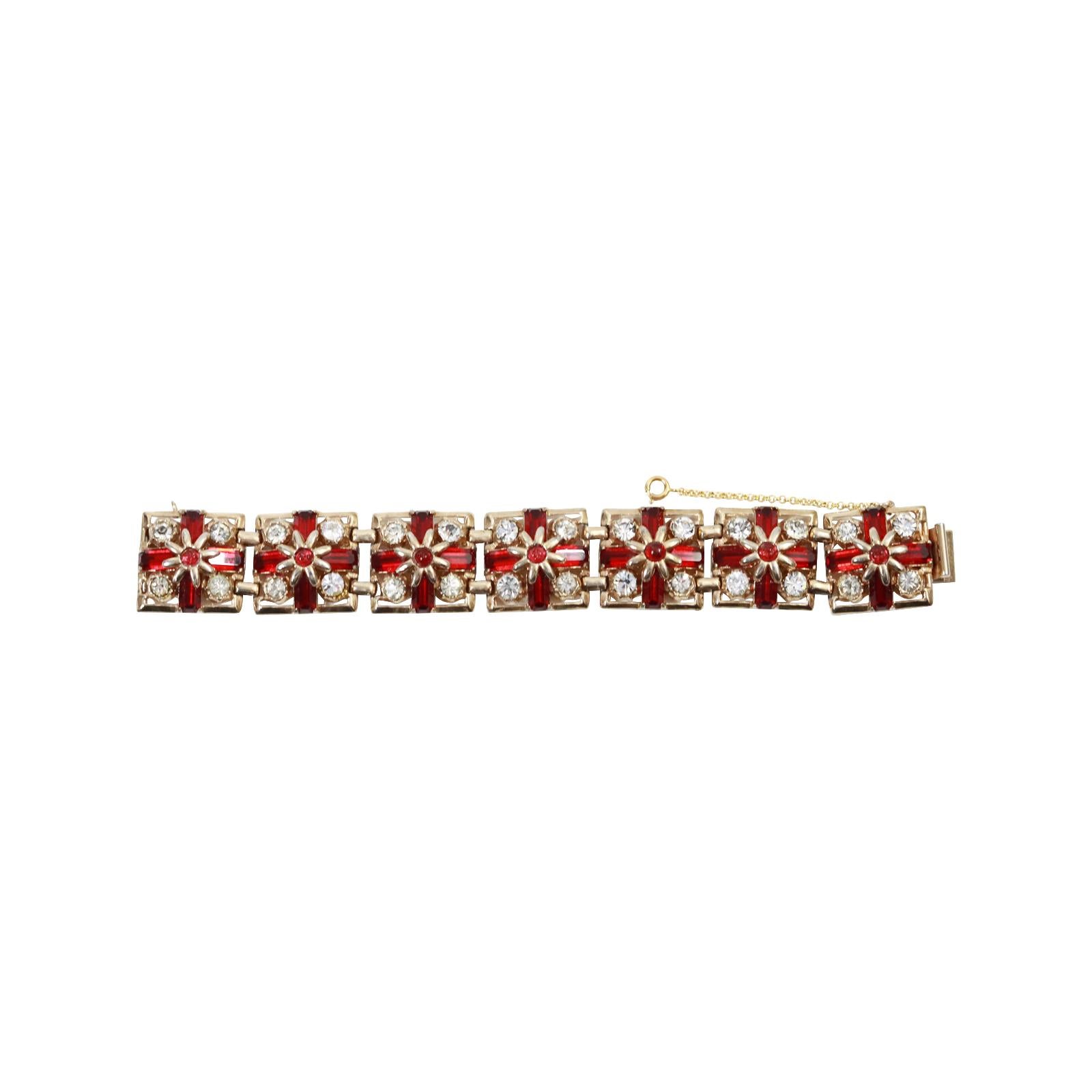 Vintage Gold Tone Diamante Red Flower Square Prong Set Bracelet Circa 1940s For Sale 2