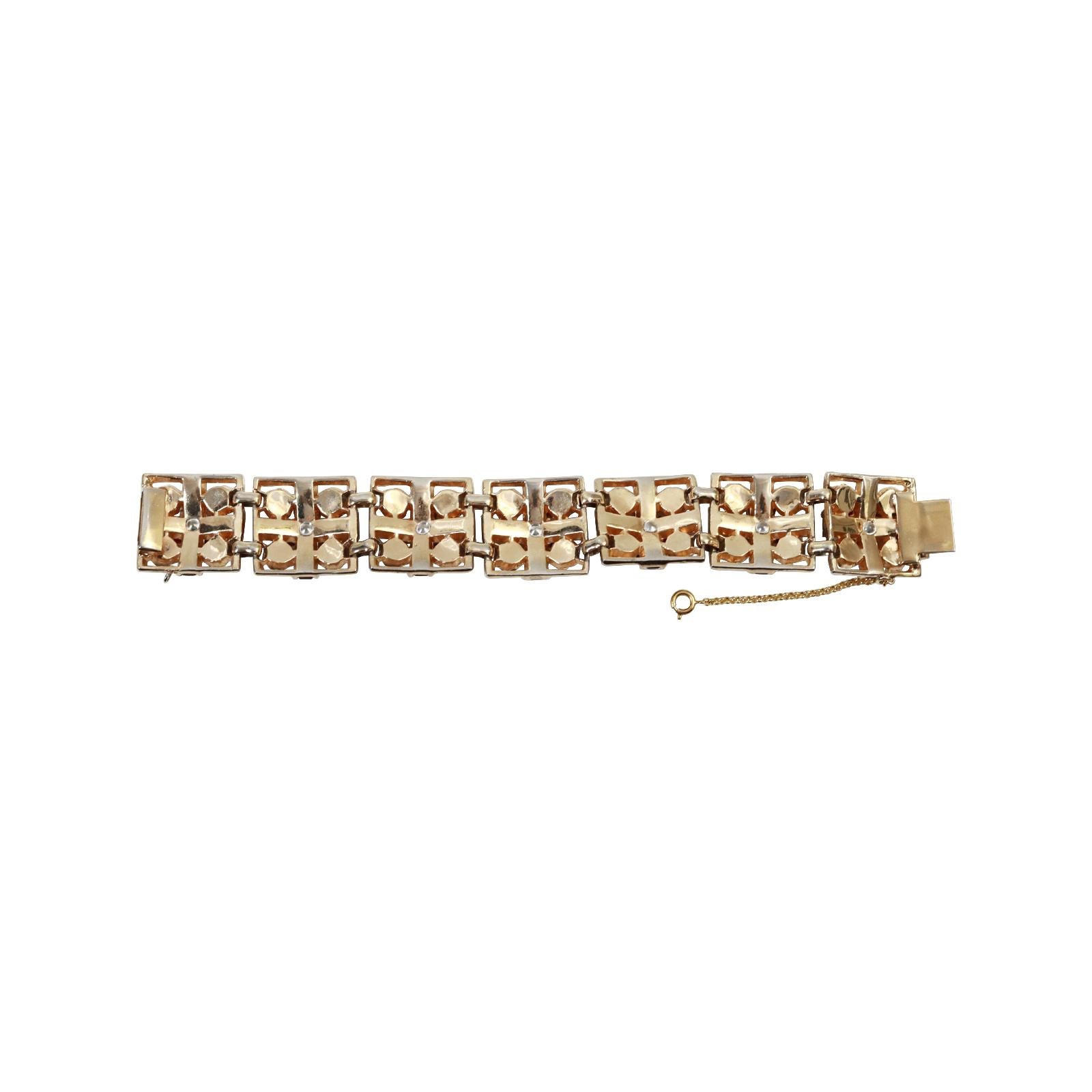 Vintage Gold Tone Diamante Red Flower Square Prong Set Bracelet Circa 1940s For Sale 3