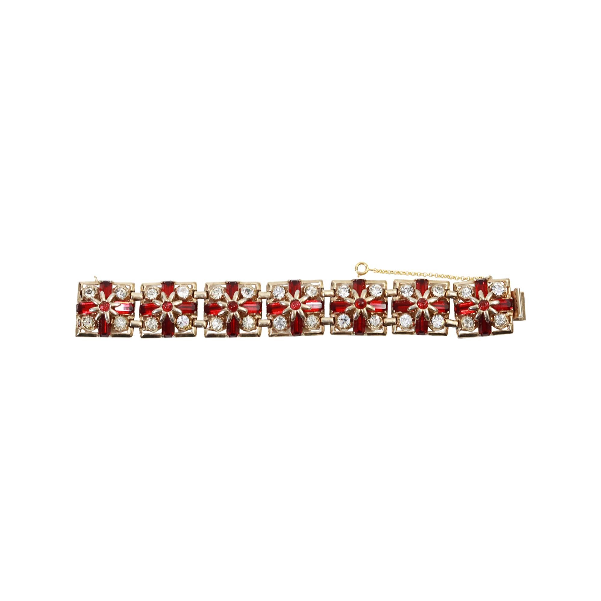 Vintage Gold Tone Diamante Red Flower Square Prong Set Bracelet Circa 1940s For Sale 1