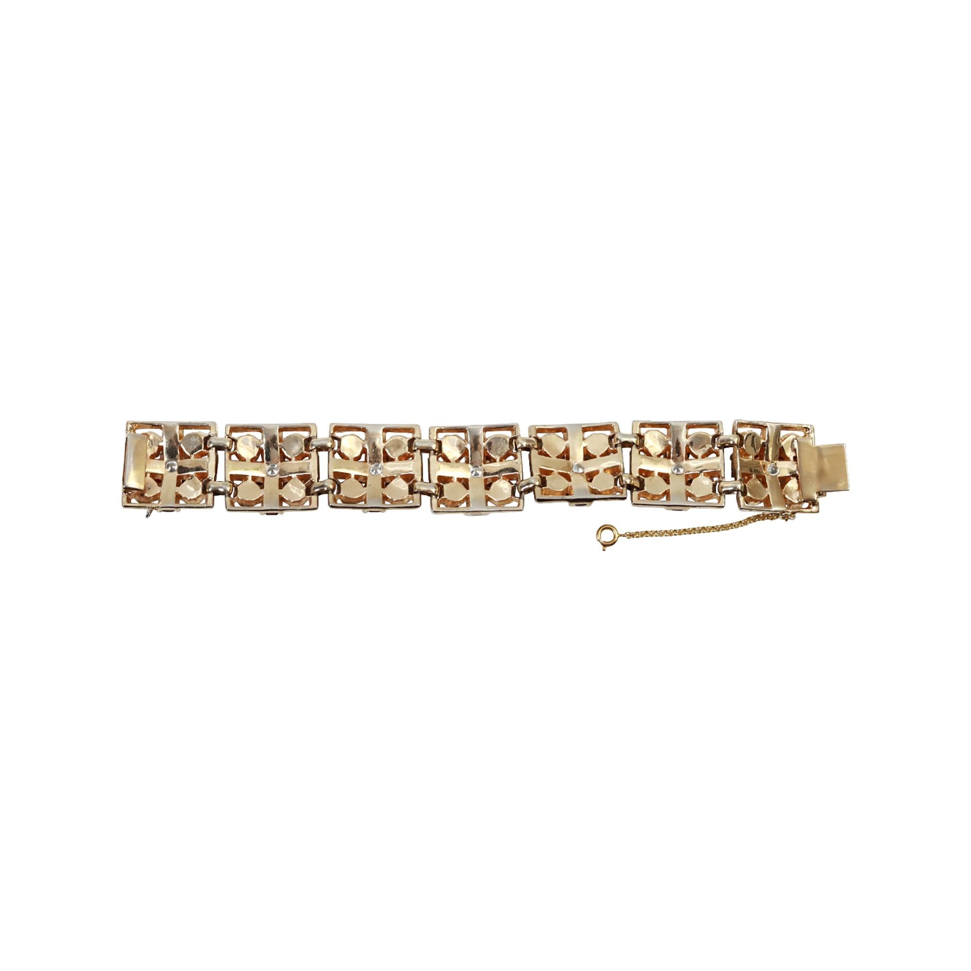 Vintage Gold Tone Diamante Red Flower Square Prong Set Bracelet Circa 1940s For Sale 2