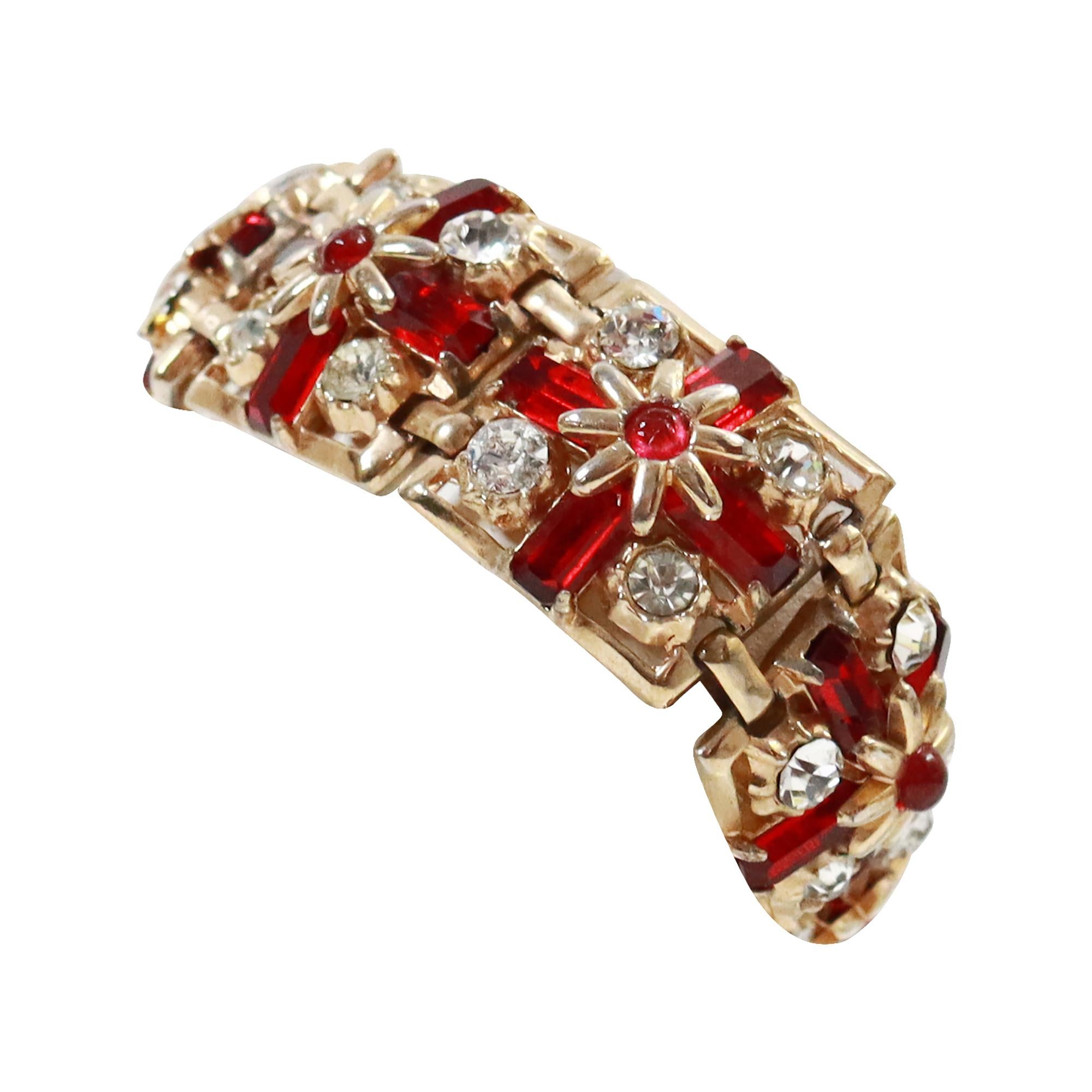 Vintage Gold Tone Diamante Red Flower Square Prong Set Bracelet Circa 1940s For Sale 3
