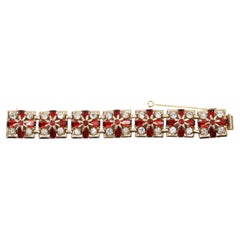 Vintage Gold Tone Diamante Red Flower Square Prong Set Bracelet Circa 1940s