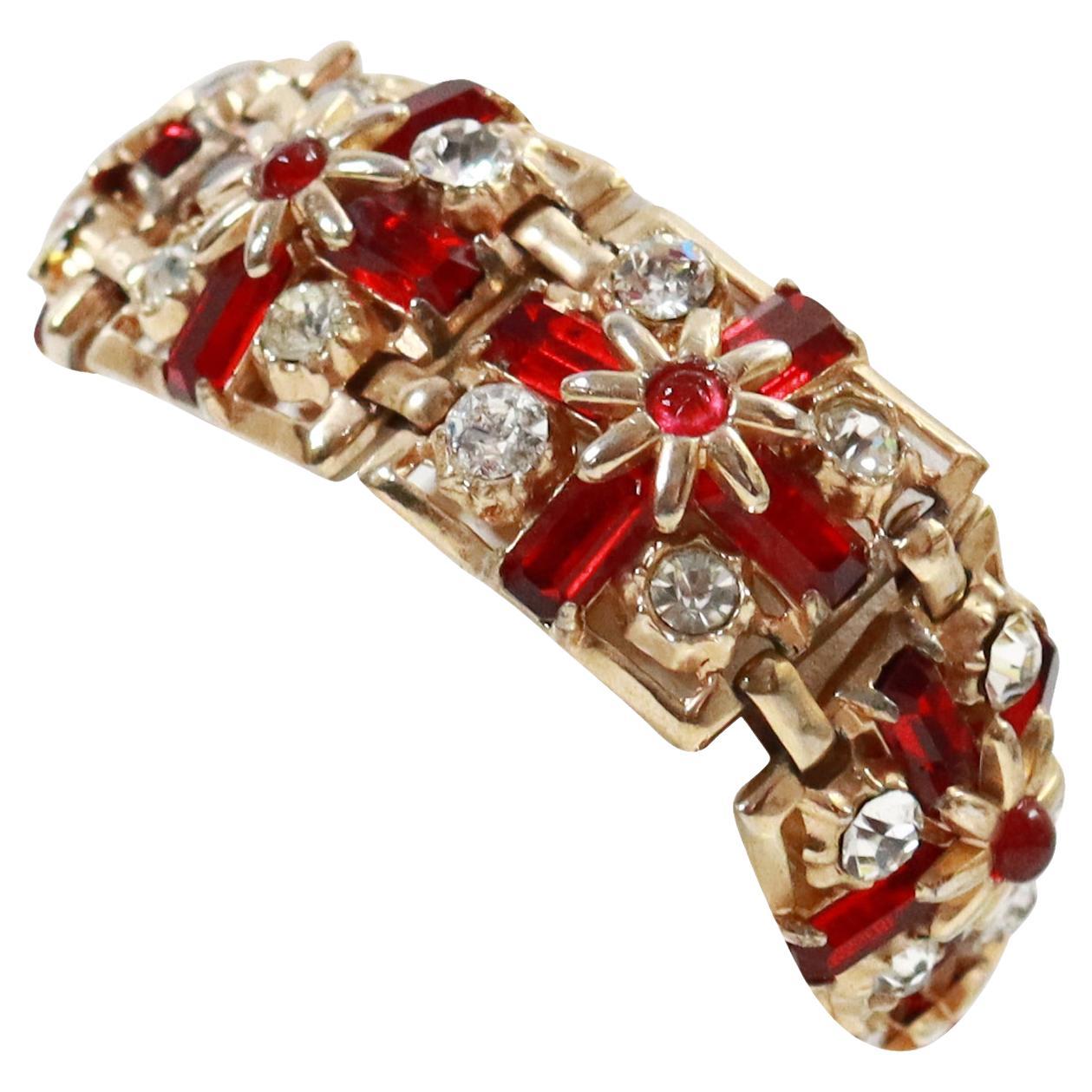 Vintage Gold Tone Diamante Red Flower Square Prong Set Bracelet Circa 1940s For Sale