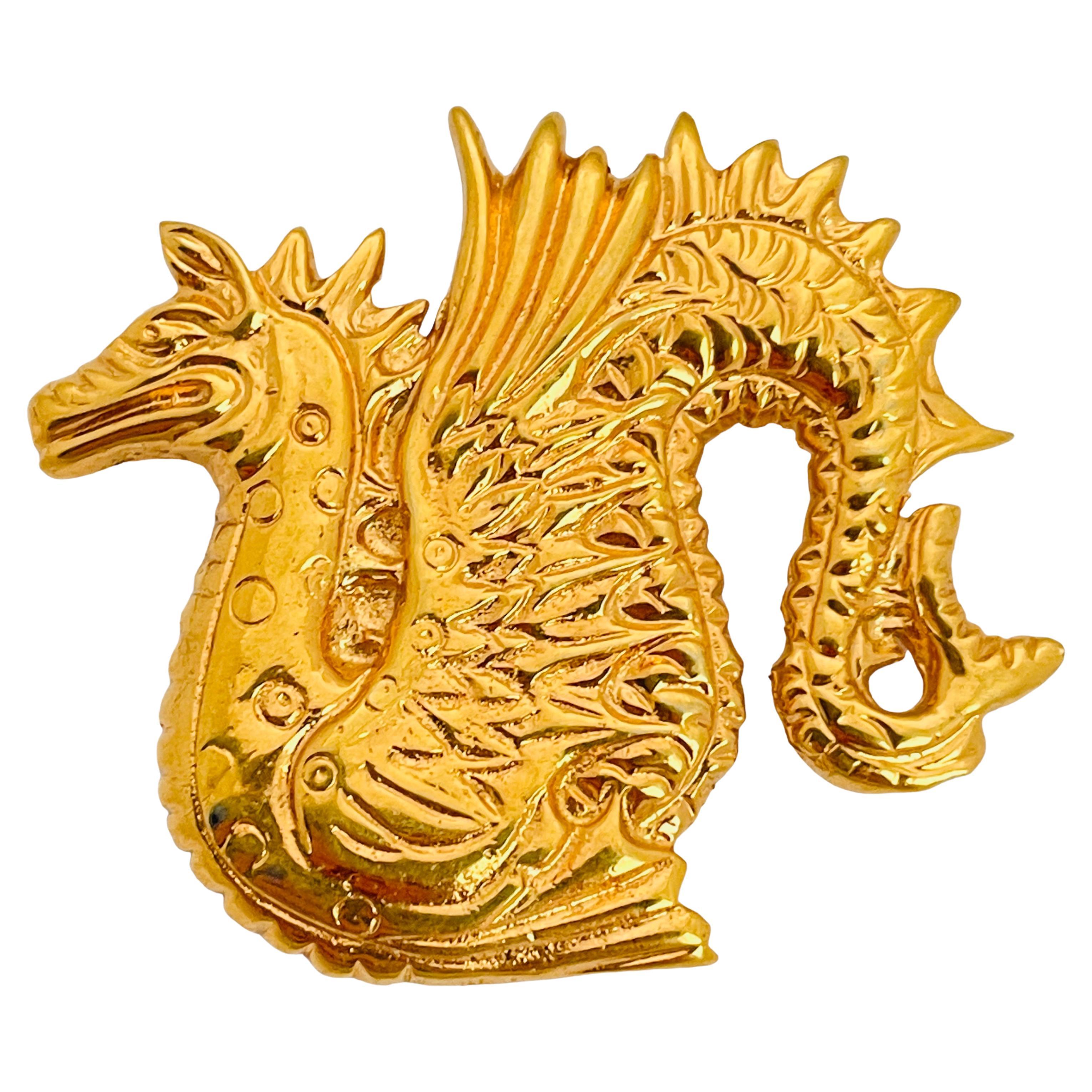Vintage gold tone dragon designer runway brooch For Sale
