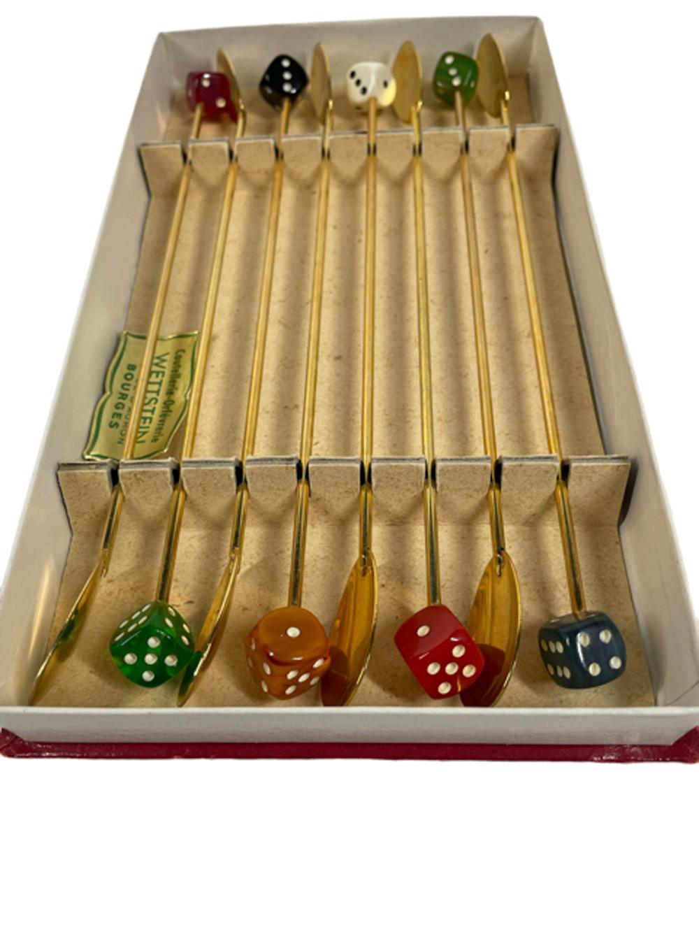 Mid-Century Modern Vintage Gold-Tone Drink Stir Spoons with 8 Different Color Bakelite Dice Ends