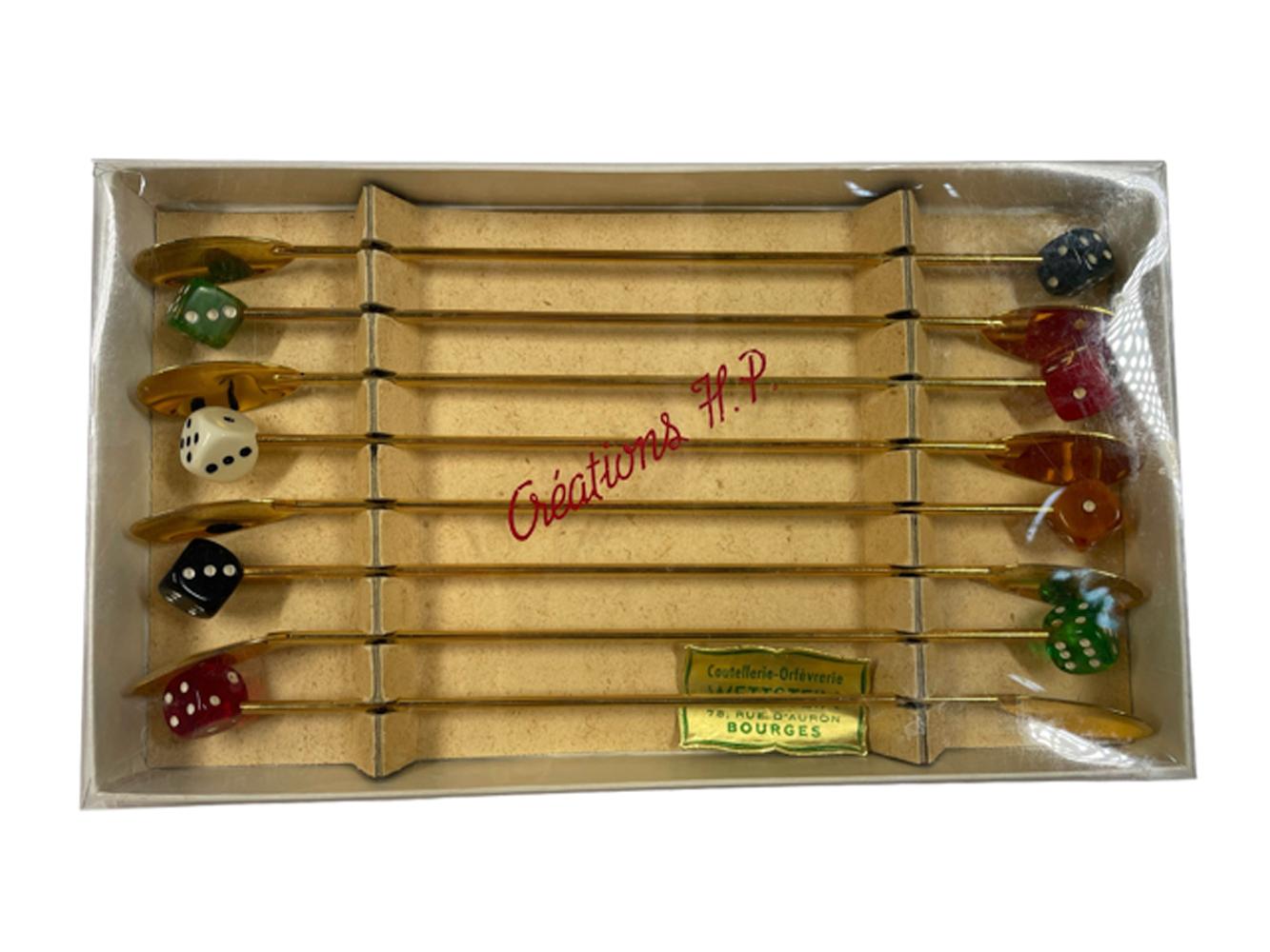 French Vintage Gold-Tone Drink Stir Spoons with 8 Different Color Bakelite Dice Ends