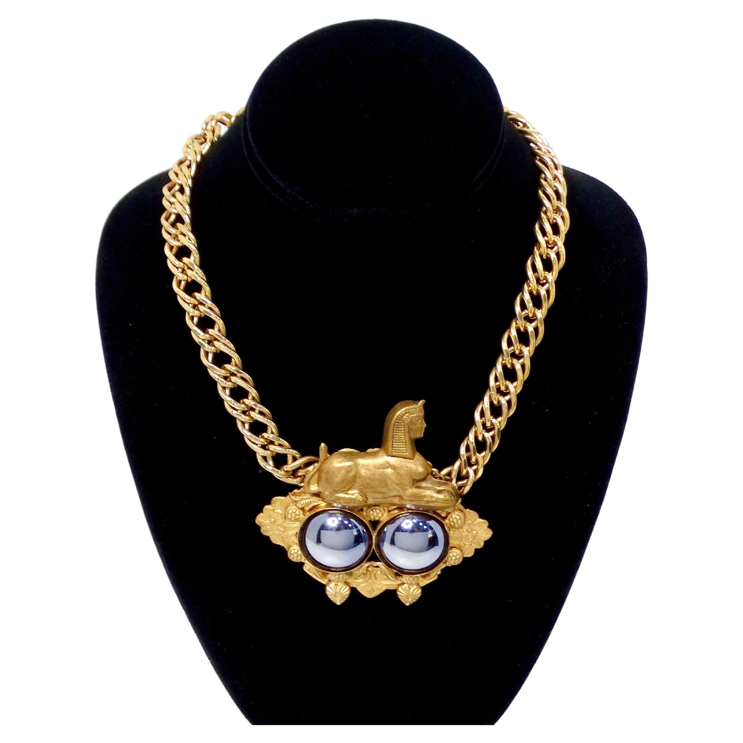 Vintage Gold-Tone Egyptian Sphinx Statement Pendant Chain-Link Necklace