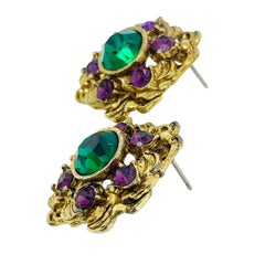 Vintage gold tone emerald amethyst glass designer post earrings
