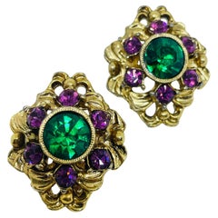 Vintage gold tone emerald amethyst glass designer post earrings