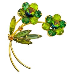 Vintage gold tone emerald citrine green watermelon glass flower designer brooch