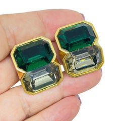 Vintage gold tone emerald clear glass designer 80's clip on earrings