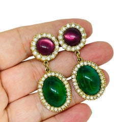 Vintage Gold Ton Smaragd Glas Cabochons Strass Designer Clip auf Ohrringe