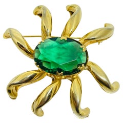Vintage gold tone emerald green glass massive designer brooch