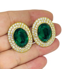 Pendientes de clip de diseño vintage con strass de cristal verde esmeralda y acabado dorado