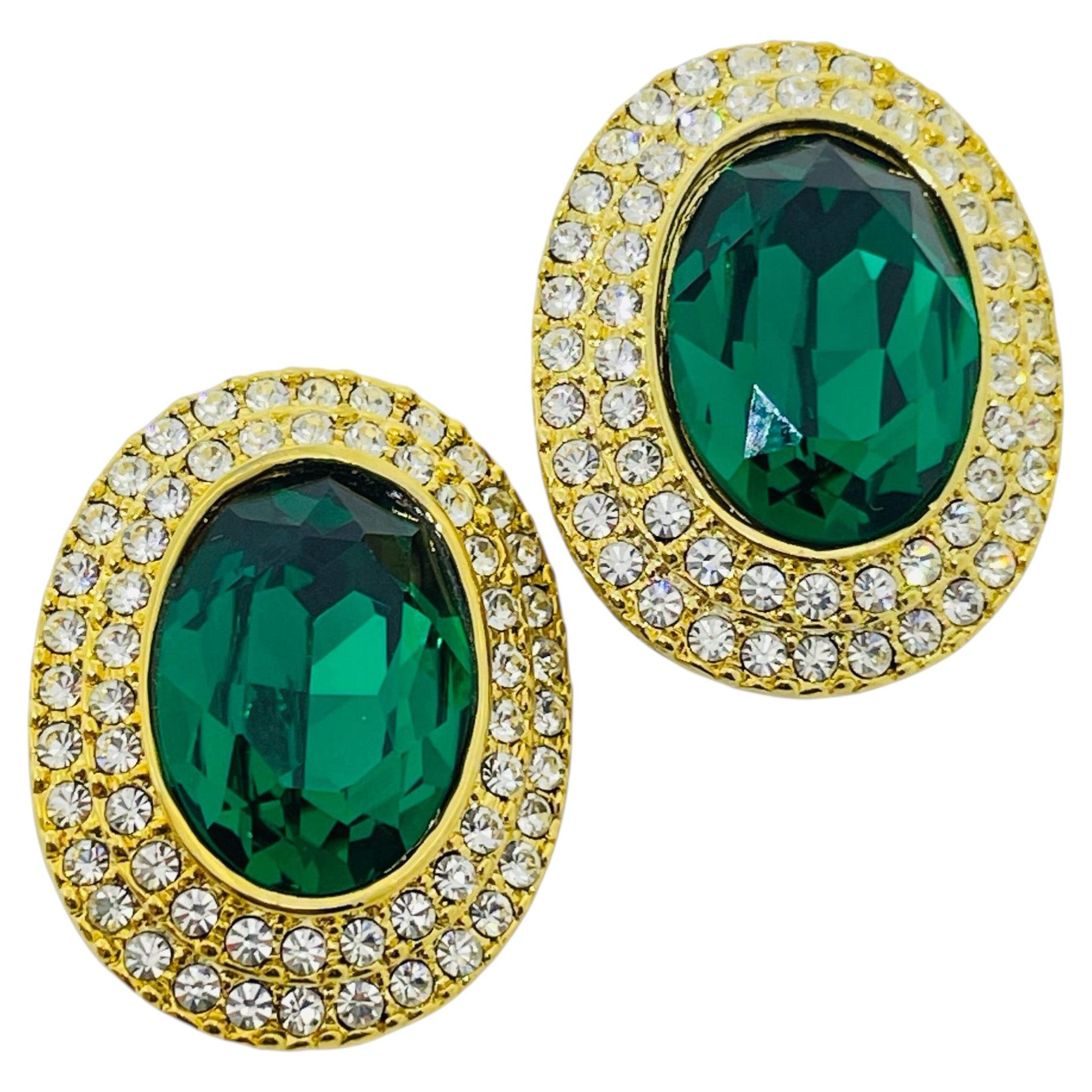 Boucles d'oreilles à clip de créateur vintage, en verre vert émeraude, avec strass dorés