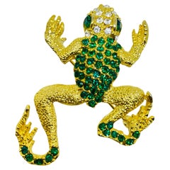 Vintage gold tone emerald rhinestone frog animal brooch