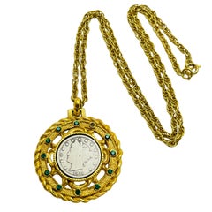 Vintage gold tone emerald rhinestones silver coin designer necklace