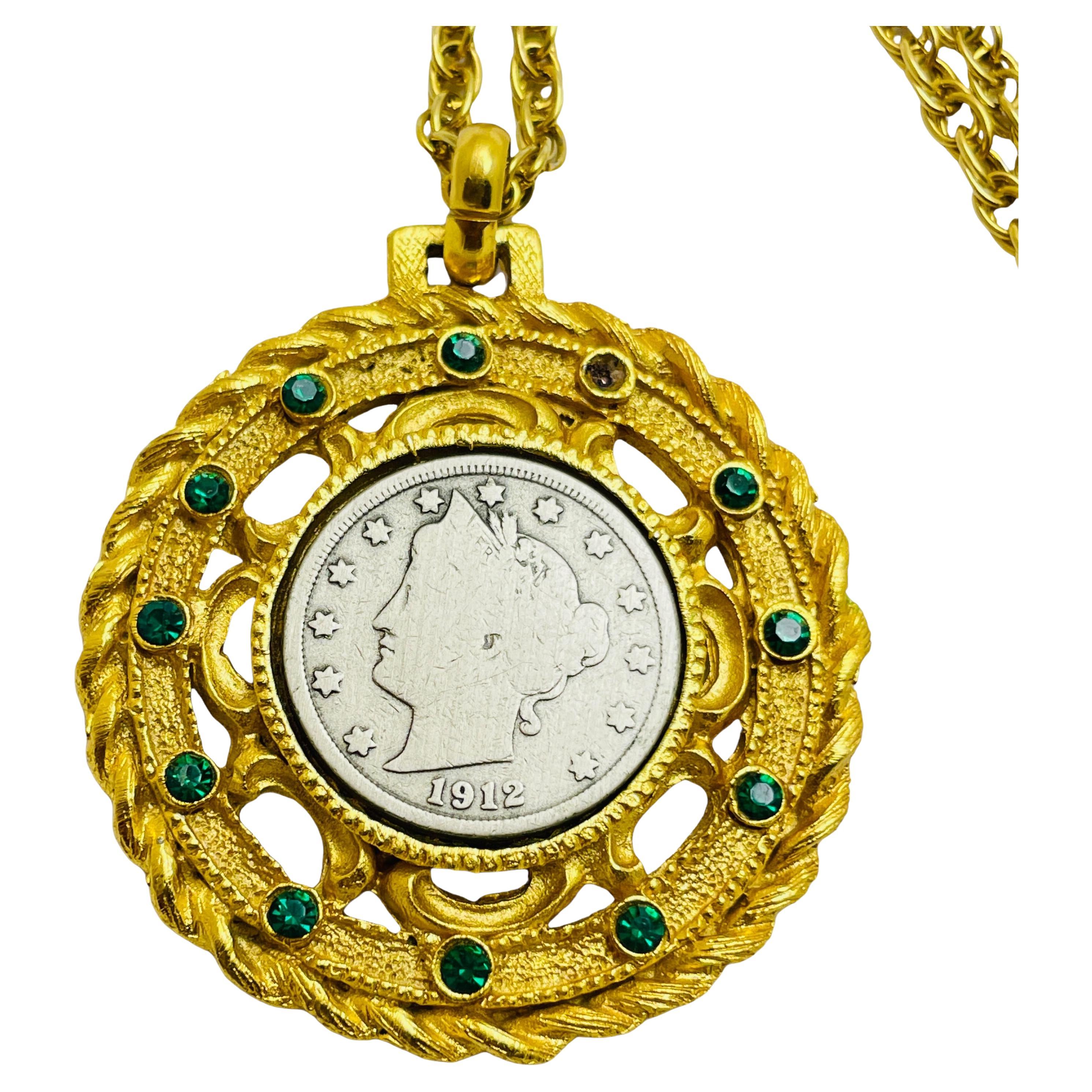 Vintage gold tone emerald rhinestones silver coin designer necklace