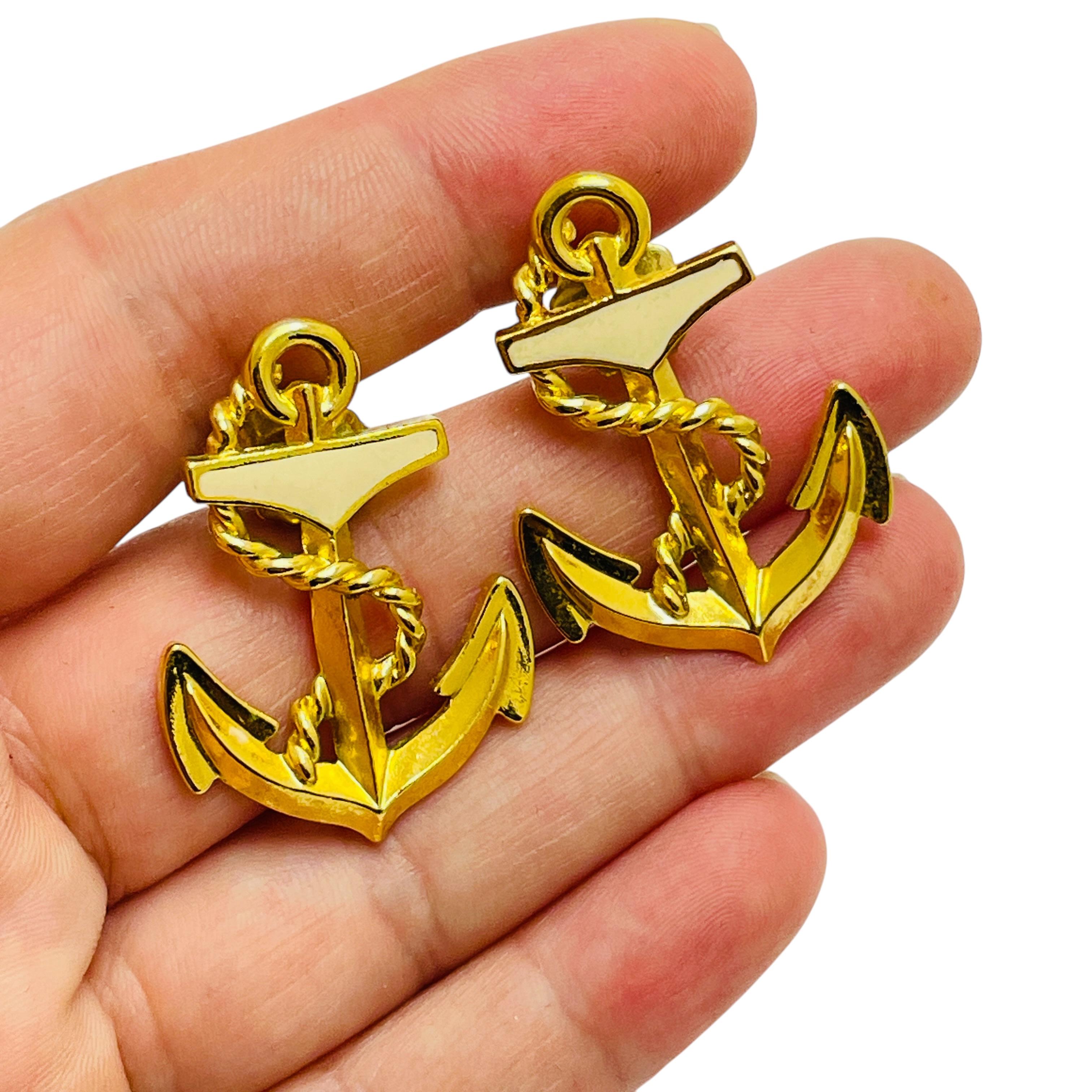 Women's Vintage gold tone enamel anchor nautical designer runway earrings For Sale