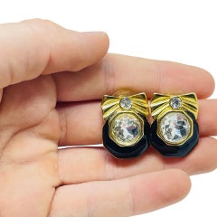 Vintage gold tone enamel bow crystal designer pierced earrings