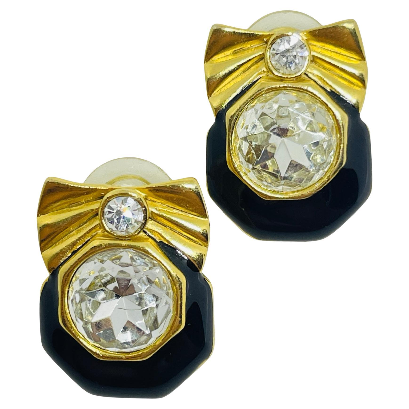 Vintage gold tone enamel bow crystal designer pierced earrings For Sale