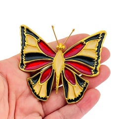Vintage gold tone enamel butterfly designer brooch