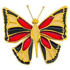Vintage gold tone enamel butterfly designer brooch