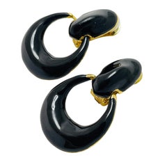Vintage gold tone enamel door knocker designer clip on earrings