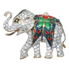 Vintage Gold Tone Enamel Elephant Brooch With Rhinestones